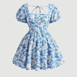 Blue Floral Puff Sleeve‎ Cottagecore Mini Dress